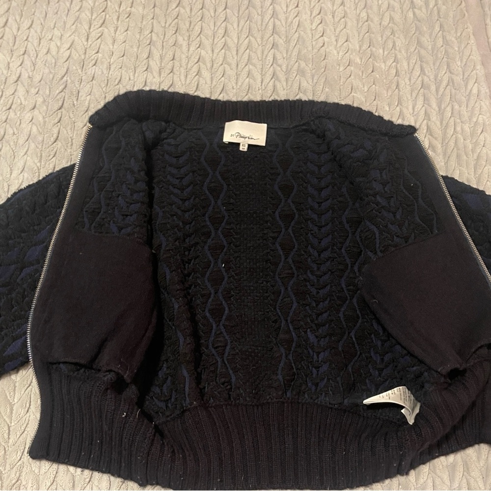 3.1 Phillip Lim Black and Navy Textured Bomber Jacket - Picture 7 of 14